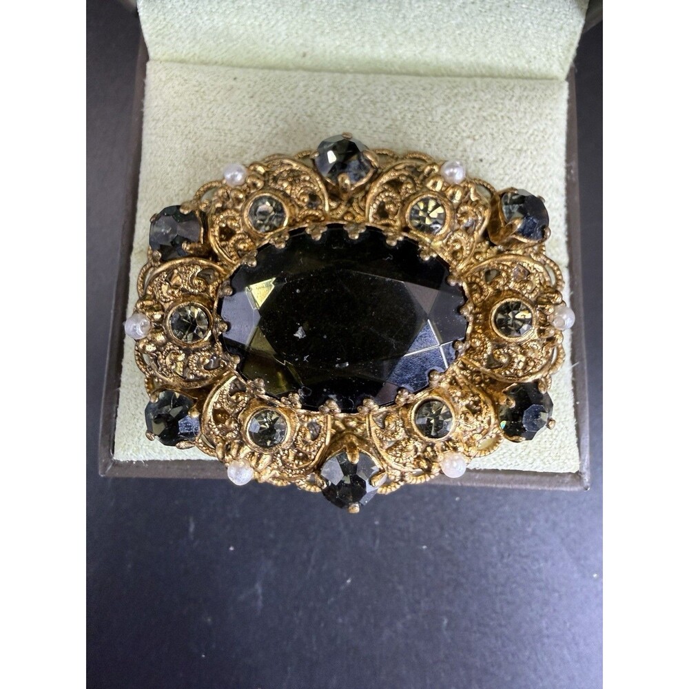 VTG West Germany Gold Tone Filigree Smoky Black Grey Rhinestone Pearl Brooch